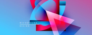 Soyut geometrik şekiller örtüşür, parlak mavi ve pembe renkler yaratır. Modern tasarım elementleri dinamik görsel deneyim önerir.