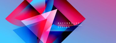 Soyut geometrik şekiller örtüşüyor, canlı renk eğimleri yaratıyor. Mavi, pembe, mor renkler tasarımda baskın. Modern estetik.