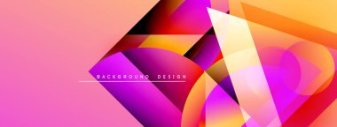 Soyut geometrik şekiller örtüşür, canlı gradyanlar yaratır. Pembe, turuncu, sarı renkler tasarımda baskın. Modern, dinamik kompozisyon.