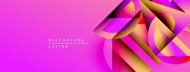 Parlak pembe arkaplan özellikleri soyut geometrik şekiller. Altın, mor renkler dinamik görsel efekt yaratır. Modern tasarım ögesi.