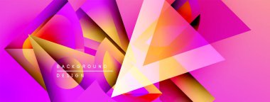 Soyut geometrik şekiller örtüşüyor, canlı pembe, turuncu renkler yaratıyor. Tasarım özellikleri üçgenler, dinamik bileşim, modern estetik.