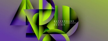 Soyut geometrik şekiller örtüşür, canlı gradyanlar yaratır. Mor, yeşil renkler modern estetik sunarak tasarıma hükmediyor.