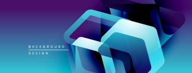Soyut geometrik şekiller, canlı mavi, mor renkler. Modern tasarım elementleri dinamik görsel etki yaratır. Yumuşak eğimler, katmanlı biçimler.