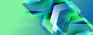 Soyut geometrik şekiller örtüşüyor, canlı yeşil, mavi renkler yaratıyor. Modern tasarım elementleri teknoloji ve yenilik öneriyor. Temiz estetik.