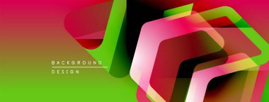 Soyut geometrik şekiller örtüşüyor, canlı renk eğimleri yaratıyor. Tasarım pembe, yeşil, sarı renkler içeriyor. Modern estetik.