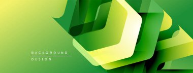 Soyut yeşil eğimli arkaplan. Üst üste binen geometrik şekiller dinamik görsel efekt yaratır. Modern tasarım elementleri temiz estetik sunar.