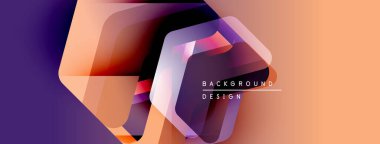 Soyut geometrik şekiller çakışıyor. Gradyan renkler harmanlanarak modern arkaplan tasarımı oluşturuldu. Mor, turuncu renkler kompozisyona hakim..