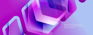 Soyut geometrik şekiller örtüşüyor, canlı mor ve mavi renkler yaratıyor. Modern tasarım teknoloji, yenilik, akıcılık öneriyor..