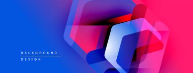 Soyut geometrik şekiller örtüşür, parlak mavi ve pembe renkler yaratır. Modern tasarım elementleri teknoloji ve yenilik öneriyor. Metin arkaplan tasarımı okur.
