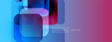 Soyut geometrik şekiller örtüşür, parlak mavi ve mor renkler yaratır. Arkaplan amacını gösteren metin içeren minimalist tasarım.