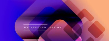 Soyut arkaplan özellikleri üst üste binen şeffaf kareler. Önce maviden mora, sonra turuncuya geçiş. Metin arkaplan tasarımı okur.