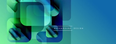 Soyut geometrik şekiller örtüşür, parlak mavi, yeşil eğimler yaratır. Modern tasarım elementleri teknoloji ve yenilik öneriyor. Mevcut en küçük metin.