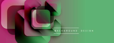 Soyut geometrik şekiller örtüşüyor, canlı renk eğimleri yaratıyor. Yeşil sağ tarafı, mavi solu domine eder. Modern tasarım ögesi.