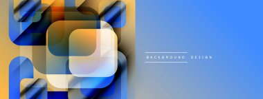 Soyut geometrik şekiller örtüşüyor, canlı renk eğimleri yaratıyor. Mavi, turuncu, beyaz baskın tasarım. Modern estetik.
