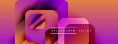 Soyut geometrik şekiller örtüşüyor, canlı turuncu ve mor renkler yaratıyor. Metin, formların altındaki arkaplan dizaynını okur. Modern, dinamik kompozisyon.