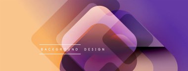 Soyut geometrik şekiller örtüşüyor, canlı renk eğimleri yaratıyor. Şeftali, mor renkler tasarıma egemen, modern estetik.