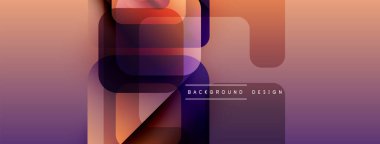 Soyut geometrik şekiller örtüşüyor, renk değişimleri yaratıyor. Mor, turuncu renkler tasarımda baskın. Modern estetik.