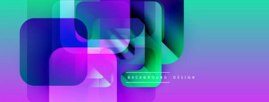 Soyut geometrik şekiller örtüşür, canlı gradyanlar yaratır. Mor, turkuaz, yeşil renkler tasarımda baskın. Modern estetik.