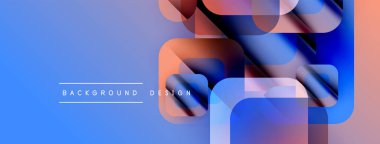 Soyut geometrik şekiller örtüşür, parlak mavi ve turuncu renkler yaratır. Modern tasarım elementleri teknoloji ve yenilik öneriyor.