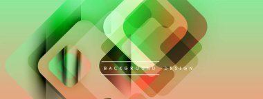 Soyut geometrik şekiller örtüşür, canlı gradyanlar yaratır. Yeşil, turuncu renkler tasarıma hakim, modern estetik.