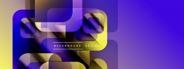 Soyut geometrik şekiller örtüşüyor, canlı renk eğimleri yaratıyor. Sarı, mor, mavi renkler dizaynda baskın. Modern estetik.