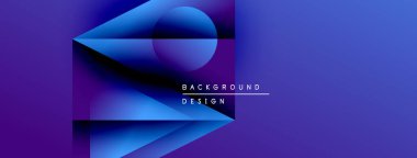 Soyut geometrik tasarım. Mavi, mor renkler katmanlı şekiller yaratır. Metin arka plan tasarımı okur. Modern estetik, canlı renkler.