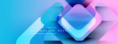 Soyut geometrik şekiller örtüşür, parlak mavi, mor ve pembe renkler yaratır. Modern tasarım dinamik ve taze hissettiriyor..