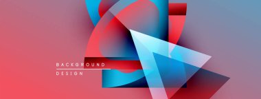 Soyut geometrik şekiller canlı kırmızıları, mavileri, morları harmanlarlar. Modern tasarım üst üste binen katmanlar, gradyanlar, metin ögeleri.