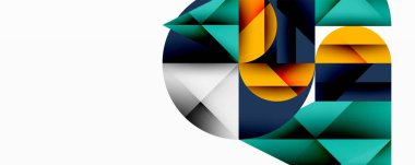 Soyut geometrik şekiller örtüşür, dinamik bileşim yaratır. Renkler arasında deniz mavisi, altın, donanma, gri var. Modern tasarım hareketi çağrıştırıyor, derinliği.