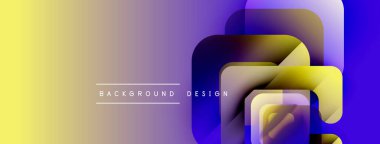 Soyut geometrik şekiller çakışıyor. Renkler sarıdan mora dönüşüyor. Metin elementli minimalist tasarım. Modern estetik.