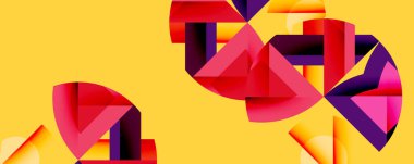 Soyut geometrik şekiller örtüşür, canlı renkler baskın gelir. Sarı arkaplan karşıtlık sağlar, dinamik görsel etki yaratır.