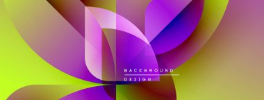 Soyut renkli şekiller örtüşür, dinamik görsel efekt yaratır. Gradyan renkler harmanlanarak modern arkaplan tasarımı oluşturur. Canlı bileşim.