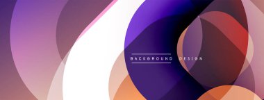 Soyut kompozisyon, üst üste binen daireler, gradyanlar. Mor, turuncu, beyaz renkler dinamik görsel efekt yaratır. Modern tasarım ögesi.