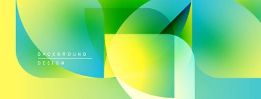 Soyut geometrik şekiller örtüşür, parlak sarı, yeşil ve mavi renkler yaratır. Modern tasarım, pürüzsüz geçişler, dinamik kompozisyon.