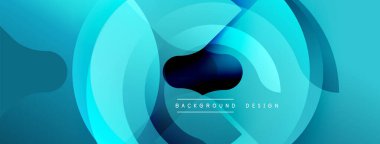 Soyut mavi katmanlar dinamik dairesel bileşim oluşturur. Modern tasarım gradyanlar, şeffaflık, metin elementleri içerir. Minimalist estetik.