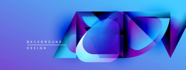Soyut canlı tasarım katmanlı geometrik şekiller, gradyanlar. Mavi, mor renkler kompozisyona hakim. Modern estetik.