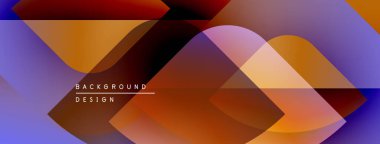 Soyut geometrik şekiller örtüşüyor, canlı renk eğimleri yaratıyor. Tasarım, serin maviler ve morlarla zıt sıcak tonlara sahiptir..