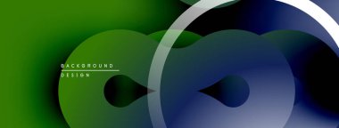Soyut tasarım özellikleri üst üste binen daireler, gradyanlar. Yeşil, mavi renkler kompozisyona hakim. Modern estetik.