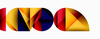 Soyut geometrik şekiller renkli harfler oluşturur. Kalın tasarım üçgenler, gradyanlar, canlı renkler kullanır. Beyaz arkaplanda minimalist kompozisyon.