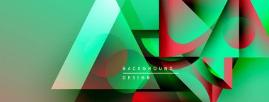 Soyut geometrik şekiller örtüşüyor, canlı yeşil, kırmızı gradyanlar yaratıyor. Modern tasarım elementleri dinamik görsel deneyim önerir.