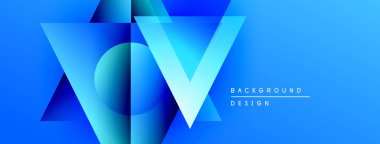 Soyut geometrik şekiller örtüşerek canlı mavi gradyan arkaplan oluşturur. Modern tasarım elementleri yenilik ve teknoloji öneriyor.