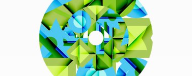 Soyut geometrik tasarım. Dairesel desen parlak mavi, yeşil tonlar içeriyor. Şekiller kesişir ve dinamik görsel efekt yaratır. Temiz beyaz arkaplan.