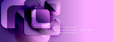 Soyut mor tasarım katmanlı kareler, gradyanlar içerir. Yumuşak renk geçişleriyle modern pankart, minimalist stil.