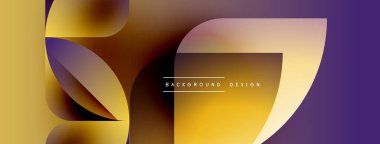 Soyut geometrik şekiller örtüşür, canlı gradyanlar yaratır. Altın, mor renkler tasarıma egemen, modern estetik. Mevcut en küçük metin.