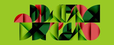 Soyut geometrik şekiller, yeşil arkaplan. Kırmızı, koyu yeşil elementler dinamik bileşim oluşturur. Modern tasarım, düz çizim.