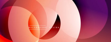 Soyut çemberler çakışıyor, canlı gradyanlar yaratıyor. Kırmızı, turuncu, mor renkler düzgün bir şekilde harmanlanır. Arka planlar için modern tasarım ögesi.