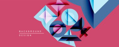 Soyut geometrik bileşim. Üst üste binen şekiller dinamik görsel efekt yaratır. Pembe arka plan, mavi ve mor elementleri vurgular. Modern tasarım, temiz çizgiler.