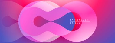 Soyut şekiller örtüşüyor, canlı gradyanlar yaratıyor. Pembe, mor, mavi renkler kompozisyona hakim. Modern tasarım ögesi.