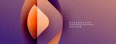 Soyut gradyan şekiller çakışıyor, dinamik görsel etki yaratıyor. Mor, turuncu renkler kompozisyona hakim. Minimalist tasarım unsurları.