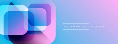 Soyut geometrik şekiller örtüşüyor, canlı renk eğimleri yaratıyor. Mavi, pembe, mor renkler tasarımda baskın. Minimalist metin mevcut.